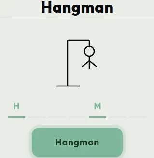 Free daily hangman word game - players pick letters one at a time before the stick figure is finished off.